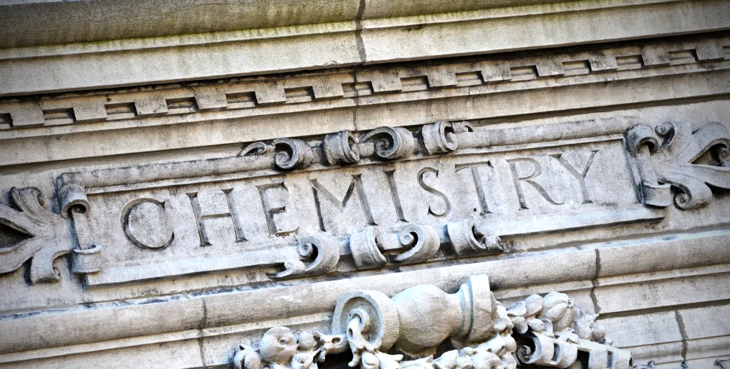"Chemistry" carved into stone above arched doorway